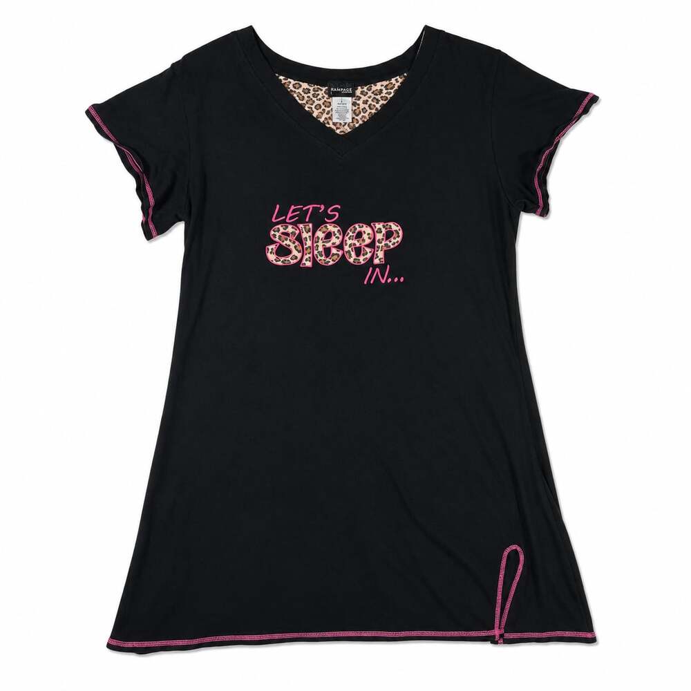 Y2K Rampage Intimates Let's Sleep In Black Sleep Shirt Nightgown with Leopard Tr